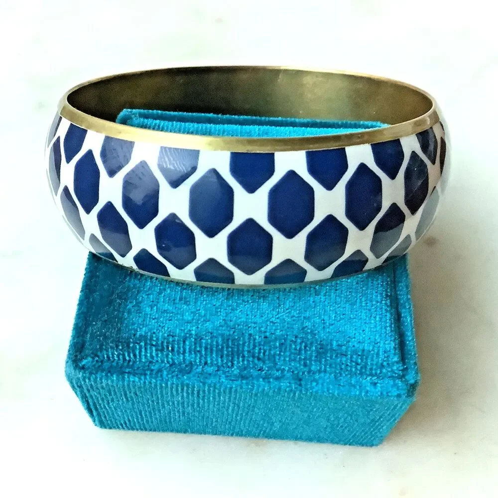 Vintage Enamel Bangle Brass Blue White Wide Bracelet Bohemian Jewelry MCM